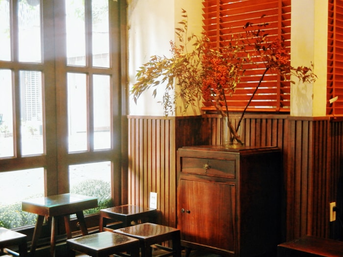 Wooden interior with plants and blinds